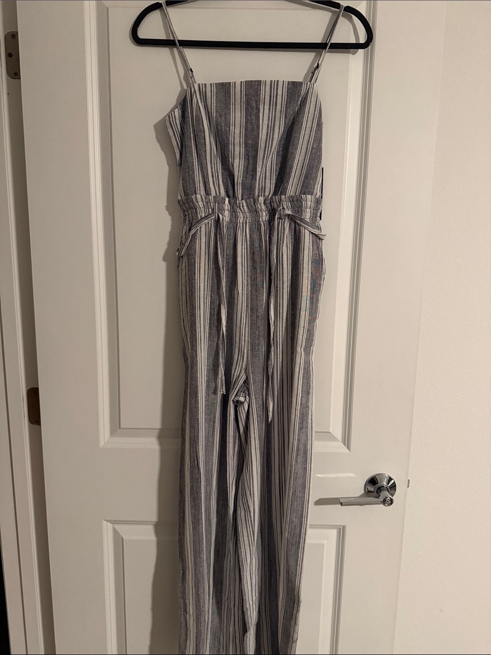 Striped Spaghetti Strap Jumpsuit in Blue and White